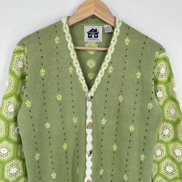 Storybook Knits Vintage 90s Bee Sweater Crochet Granny Square Chunky Cardigan - Picture 1 of 12